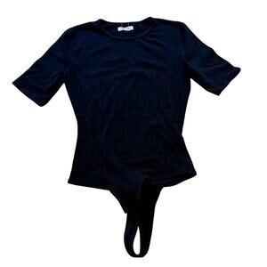 Madewell Crewneck Short Sleeve Thong Bodysuit Black Size Medium Ribbed